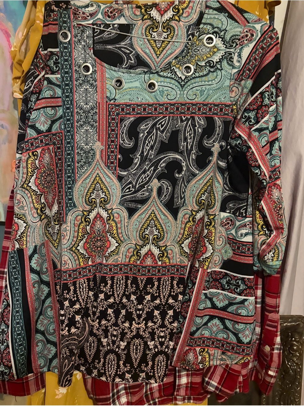 Boho Patchwork Print Tunic Dress top in Teal & Black